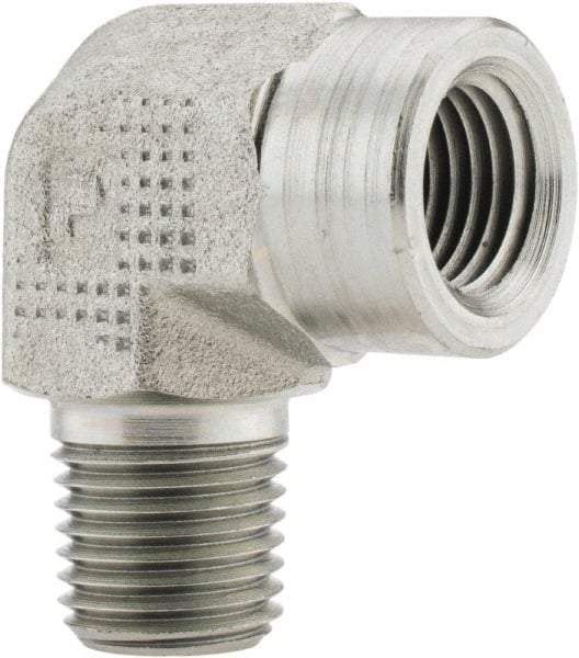 Parker - 1/4 Male Thread x 1/4 Female Thread, Zinc Plated Steel Industrial Pipe 90° Street Elbow - MNPTF x FNPTF, 5,000 psi - Eagle Tool & Supply