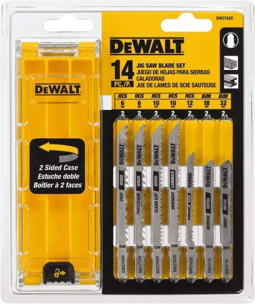 DeWALT - 14 Piece, 3" to 5" Long, 6 to 32 Teeth per Inch, Bi-Metal Jig Saw Blade Set - Toothed Edge, T-Shank - Eagle Tool & Supply