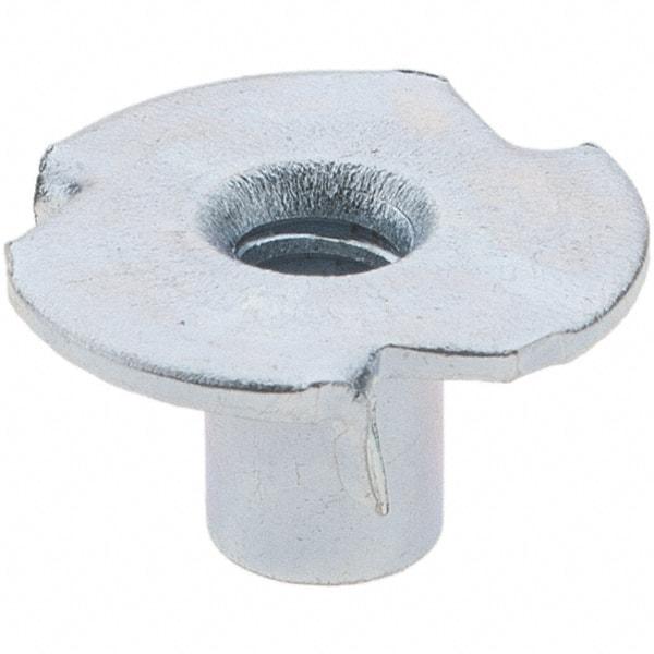 Made in USA - #6-32 Zinc-Plated Steel Standard Tee Nut - 1/4" Barrel Length, 1/2" Flange Diam, 3 Prongs - Eagle Tool & Supply