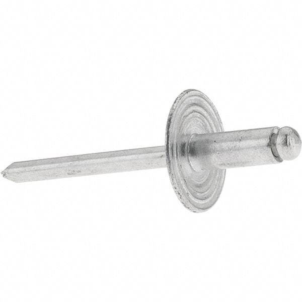 Value Collection - Size 64 Large Flange Dome Head Aluminum Open End Blind Rivet - Aluminum Mandrel, 0.062" to 1/4" Grip, 0.615" Head Diam, 0.192" to 0.196" Hole Diam, 0.45" Length Under Head, 3/16" Body Diam - Eagle Tool & Supply