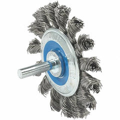 WALTER Surface Technologies - 2-3/4" OD, 1/4" Shank Diam, Knotted Stainless Steel Wheel Brush - 3/8" Face Width, 0.02" Filament Diam, 20,000 RPM - Eagle Tool & Supply