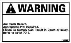NMC - Accident Prevention Label, Header: WARNING - Legend: Warning - Arc Flash Hazard - Appropriate PPE Required - Failure to Comply Can Result in Death or Injury - Refer to NFPA 70E, English, Black & Orange, 5" Long x 3" High, Sign Muscle Finish - Eagle Tool & Supply