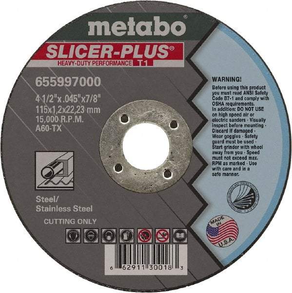 Metabo - 4-1/2" 60 Grit Aluminum Oxide Cutoff Wheel - 0.045" Thick, 7/8" Arbor, 15,000 Max RPM, Use with Angle Grinders - Eagle Tool & Supply