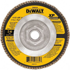 DeWALT - 40 Grit, 4-1/2" Disc Diam, 5/8-11 Center Hole, Type 27 Zirconia Alumina Flap Disc - 13,300 Max RPM, Cloth Backing, Arbor Attaching System, Coated - Eagle Tool & Supply