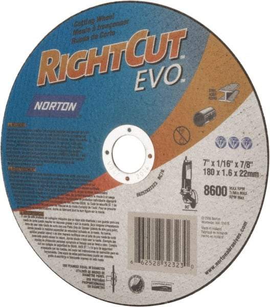 Norton - 7" Aluminum Oxide Cutoff Wheel - 0.045" Thick, 7/8" Arbor, 8,600 Max RPM, Use with Angle Grinders - Eagle Tool & Supply