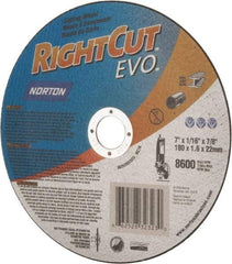 Norton - 7" Aluminum Oxide Cutoff Wheel - 0.045" Thick, 7/8" Arbor, 8,600 Max RPM, Use with Angle Grinders - Eagle Tool & Supply