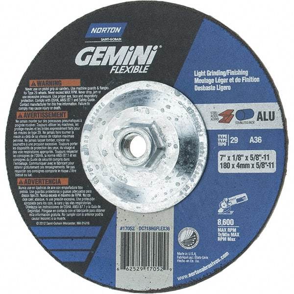 Norton - 36 Grit, 7" Wheel Diam, 1/8" Wheel Thickness, Type 29 Depressed Center Wheel - Aluminum Oxide, 8,600 Max RPM, Compatible with Angle Grinder - Eagle Tool & Supply