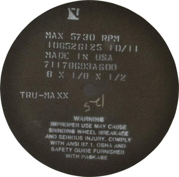 Tru-Maxx - 8" 60 Grit Aluminum Oxide Cutoff Wheel - 1/8" Thick, 1/2" Arbor, 4,536 Max RPM, Use with Stationary Tools - Eagle Tool & Supply