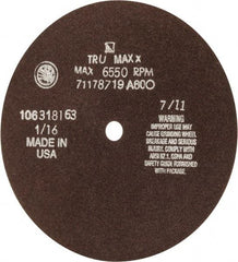 Tru-Maxx - 7" 60 Grit Aluminum Oxide Cutoff Wheel - 1/16" Thick, 1/2" Arbor, 5,184 Max RPM, Use with Stationary Tools - Eagle Tool & Supply