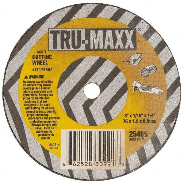 Tru-Maxx - 3" 60 Grit Aluminum Oxide Cutoff Wheel - 1/16" Thick, 1/4" Arbor, 25,465 Max RPM, Use with Die Grinders - Eagle Tool & Supply