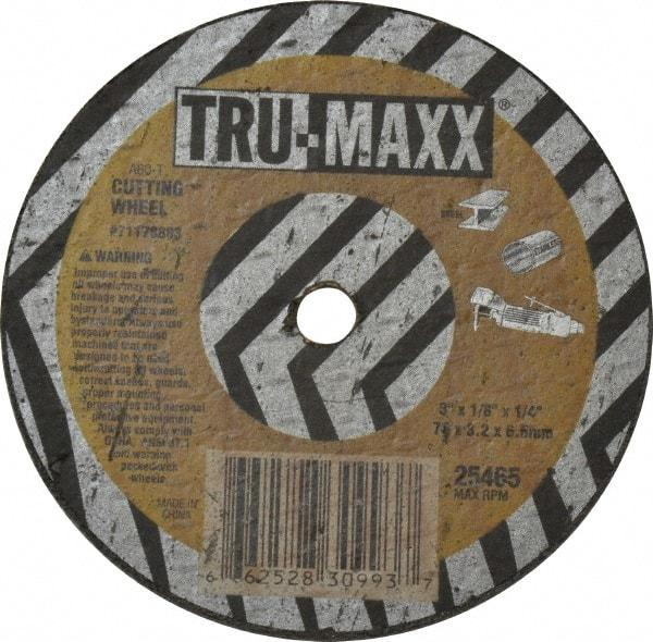 Tru-Maxx - 3" 46 Grit Aluminum Oxide Cutoff Wheel - 1/8" Thick, 1/4" Arbor, 25,465 Max RPM, Use with Die Grinders - Eagle Tool & Supply