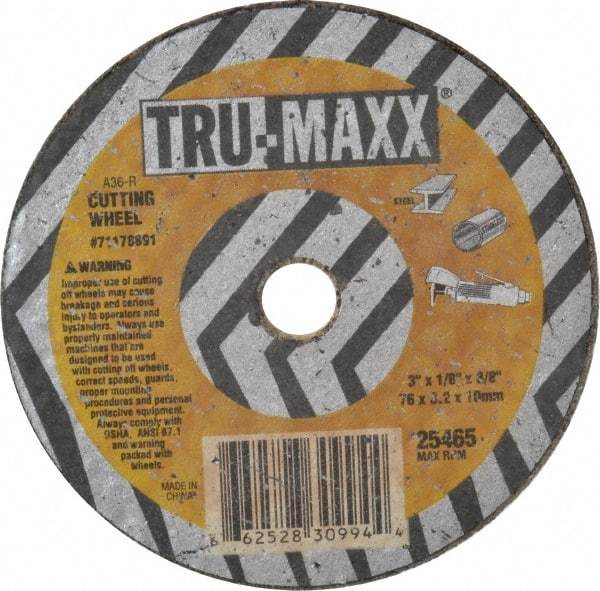 Tru-Maxx - 3" 36 Grit Aluminum Oxide Cutoff Wheel - 1/8" Thick, 3/8" Arbor, 25,465 Max RPM, Use with Die Grinders - Eagle Tool & Supply