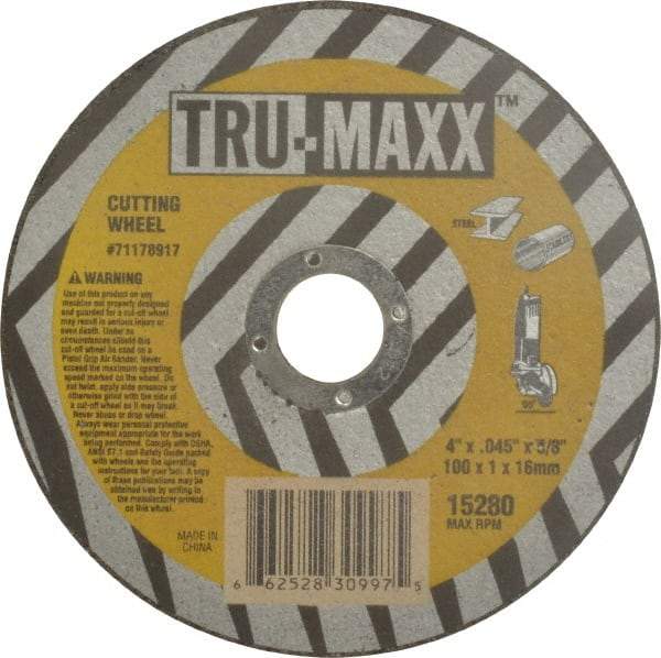 Tru-Maxx - 4" 60 Grit Aluminum Oxide Cutoff Wheel - 0.045" Thick, 5/8" Arbor, 15,280 Max RPM, Use with Portable Tools - Eagle Tool & Supply