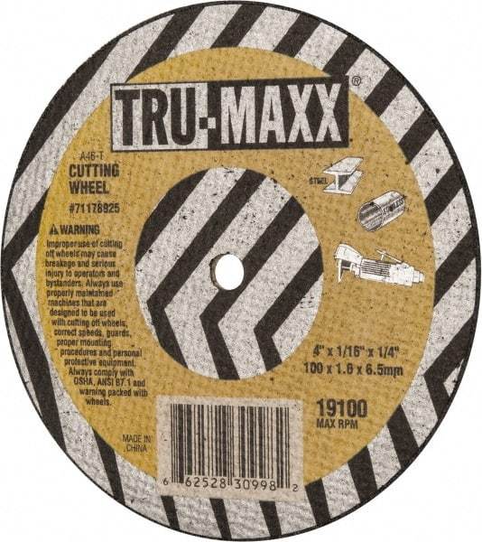 Tru-Maxx - 4" 60 Grit Aluminum Oxide Cutoff Wheel - 1/16" Thick, 1/4" Arbor, 19,100 Max RPM, Use with Die Grinders - Eagle Tool & Supply