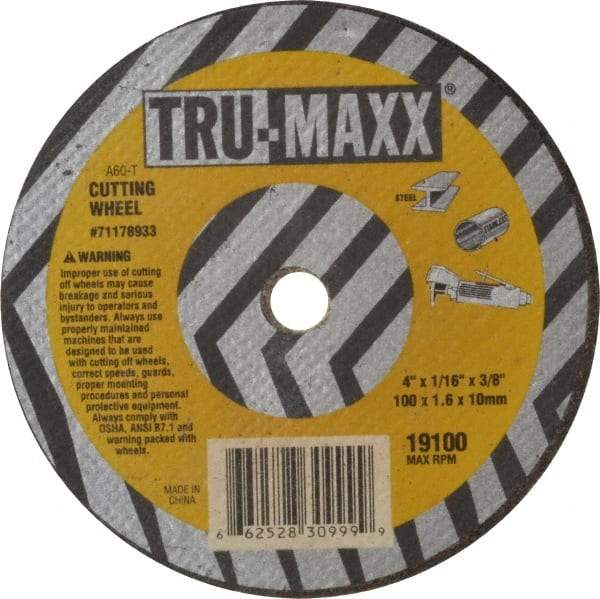 Tru-Maxx - 4" 60 Grit Aluminum Oxide Cutoff Wheel - 1/16" Thick, 3/8" Arbor, 19,100 Max RPM, Use with Die Grinders - Eagle Tool & Supply