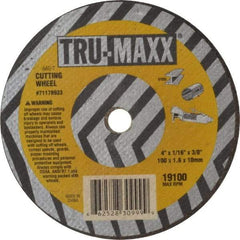 Tru-Maxx - 4" 60 Grit Aluminum Oxide Cutoff Wheel - 1/16" Thick, 3/8" Arbor, 19,100 Max RPM, Use with Die Grinders - Eagle Tool & Supply