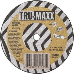 Tru-Maxx - 3" 60 Grit Aluminum Oxide Cutoff Wheel - 1/32" Thick, 1/4" Arbor, 25,465 Max RPM, Use with Die Grinders - Eagle Tool & Supply