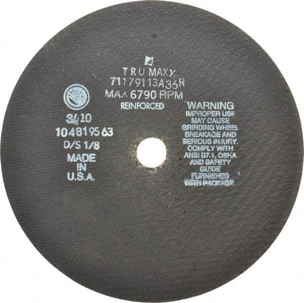 Tru-Maxx - 9" 36 Grit Aluminum Oxide Cutoff Wheel - 1/8" Thick, 7/8" Arbor, 6,791 Max RPM, Use with Angle Grinders - Eagle Tool & Supply