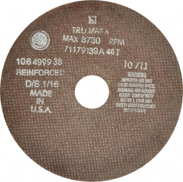 Tru-Maxx - 7" 46 Grit Aluminum Oxide Cutoff Wheel - 1/16" Thick, 1-1/4" Arbor, 6,731 Max RPM, Use with Stationary Tools - Eagle Tool & Supply
