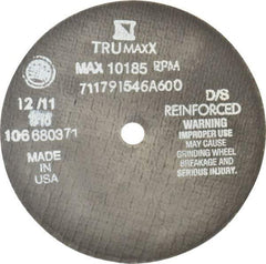 Tru-Maxx - 6" 60 Grit Aluminum Oxide Cutoff Wheel - 1/16" Thick, 1/2" Arbor, 10,186 Max RPM, Use with Stationary Tools - Eagle Tool & Supply