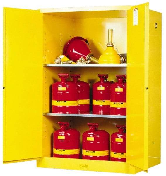 Justrite - 2 Door, 2 Shelf, Yellow Steel Standard Safety Cabinet for Flammable and Combustible Liquids - 65" High x 43" Wide x 34" Deep, Manual Closing Door, 3 Point Key Lock, 90 Gal Capacity - Eagle Tool & Supply