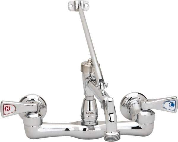 Moen - Standard with Hose Thread, Two Handle Design, Chrome, Wall Mount, Industrial Service Sink Faucet - 5-7/8 Inch Spout, Cross Style Handle - Eagle Tool & Supply