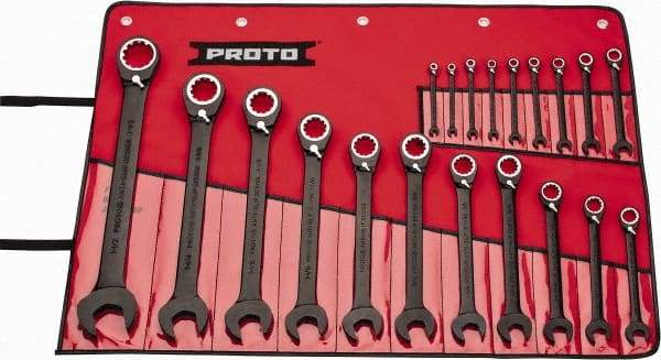 Proto - 20 Piece, 7/32" to 1-1/2", 12 Point Combination Wrench Set - Inch Measurement Standard, Black/Chrome Finish, Comes in Pouch - Eagle Tool & Supply