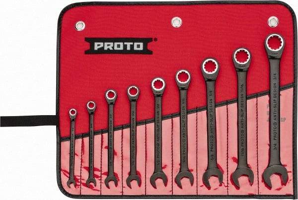 Proto - 9 Piece, 1/4" to 3/4", Ratcheting Combination Wrench Set - 12 Point, Black/Chrome Finish, Comes in Pouch - Eagle Tool & Supply