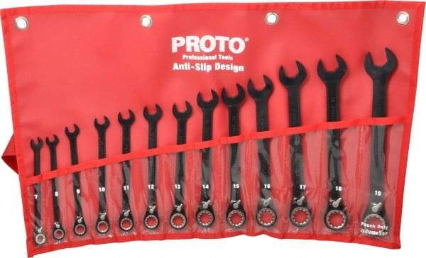 Proto - 13 Piece, 7mm to 19mm, 12 Point Combination Wrench Set - Metric Measurement Standard, Black/Chrome Finish, Comes in Pouch - Eagle Tool & Supply