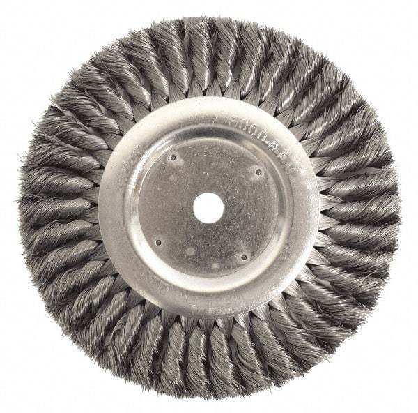 Weiler - 10" OD, 3/4" Arbor Hole, Knotted Steel Wheel Brush - 3/4" Face Width, 1-3/4" Trim Length, 0.014" Filament Diam, 4,500 RPM - Eagle Tool & Supply