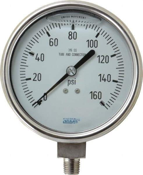 Wika - 4" Dial, 1/4 Thread, 0-160 Scale Range, Pressure Gauge - Lower Connection Mount, Accurate to 1% of Scale - Eagle Tool & Supply