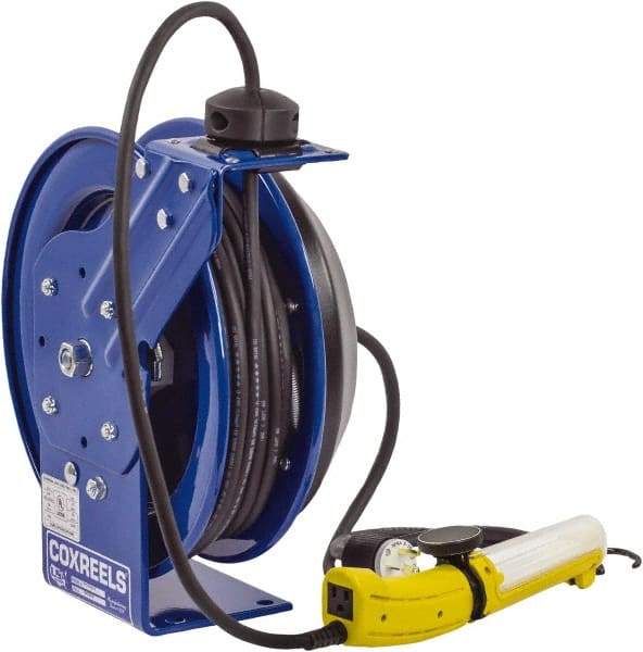CoxReels - 16 AWG, 50' Cable Length, Cord & Cable Reel with Fluorescent Angle Light with Tool Tap Plug End - 1 Outlet, 13 Amps, 115 Volts, SJTO Cable, Blue Reel, Spring Driven Reel - Eagle Tool & Supply
