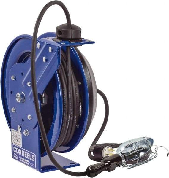 CoxReels - 16 AWG, 100' Cable Length, Cord & Cable Reel with Incandescent Hand Lamp with Tool Tap Plug End - 1 Outlet, NEMA 5-15R, 13 Amps, 115 Volts, SJTO Cable, Blue Reel, Spring Driven Reel - Eagle Tool & Supply