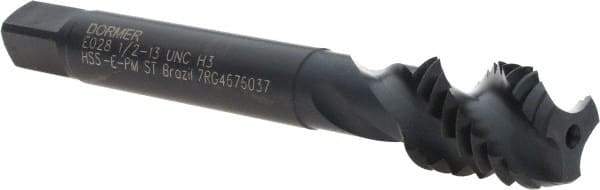 DORMER - 1/2-13 UNC 3 Flute 3B Modified Bottoming Spiral Flute Tap - Powdered Metal, Oxide Finish, 3-3/8" OAL, Right Hand Flute, Right Hand Thread, H3, Series E028 - Eagle Tool & Supply