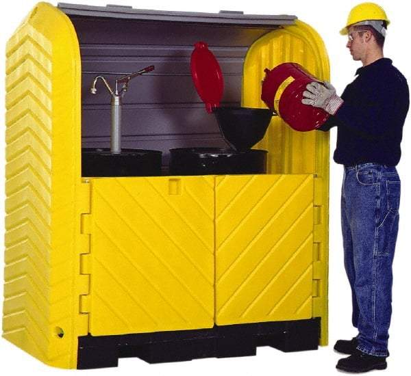 UltraTech - 41-1/4" Wide x 67-1/4" Deep x 74" High, Polyethylene Vertical Drum Cabinet - Yellow/Black, Roll Top & Swing-out Barn Style Door, 1 Shelf, 2 Drums - Eagle Tool & Supply