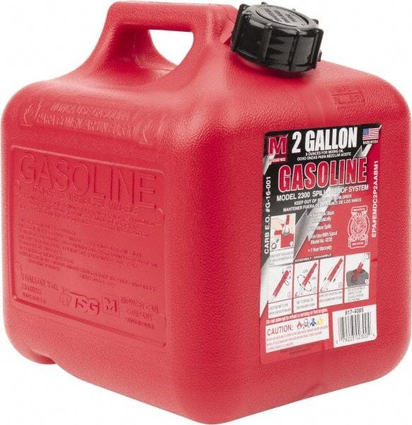 Made in USA - 2 Gal High Density Polyethylene Spill-Proof CARB Gas Can - 9-3/4" High x 9-1/4" Diam, Red - Eagle Tool & Supply