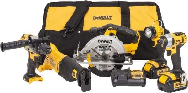 DeWALT - 12 Piece 20 Volt Cordless Tool Combination Kit - Includes 1/2" Hammerdrill, 1/4" Impact Driver, Reciprocating Saw, 6-1/2" Circular Saw & LED Worklight, Lithium-Ion Battery Included - Eagle Tool & Supply