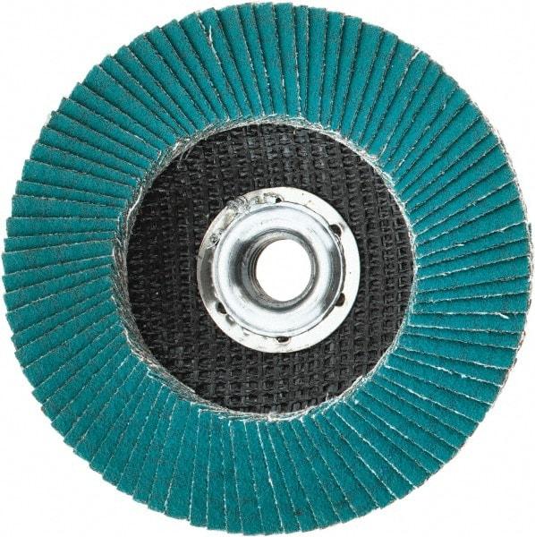 3M - 80 Grit, 4-1/2" Disc Diam, 5/8-11 Center Hole, Type 27 Zirconia Alumina Flap Disc - 13,300 Max RPM, Cloth Backing, Arbor Attaching System, Coated - Eagle Tool & Supply