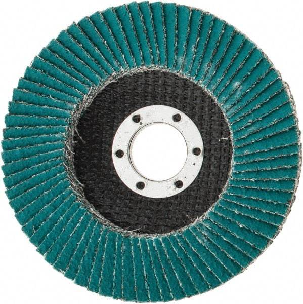 3M - 40 Grit, 4-1/2" Disc Diam, 7/8" Center Hole, Type 27 Zirconia Alumina Flap Disc - 13,300 Max RPM, Cloth Backing, Arbor Attaching System, Coated - Eagle Tool & Supply