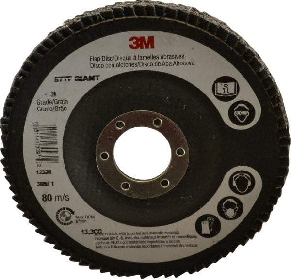 3M - 36 Grit, 4-1/2" Disc Diam, 7/8" Center Hole, Type 27 Zirconia Alumina Flap Disc - 13,300 Max RPM, Cloth Backing, Arbor Attaching System, Coated - Eagle Tool & Supply