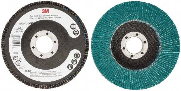 3M - 80 Grit, 4-1/2" Disc Diam, 7/8" Center Hole, Type 27 Zirconia Alumina Flap Disc - 13,300 Max RPM, Cloth Backing, Arbor Attaching System, Coated - Eagle Tool & Supply