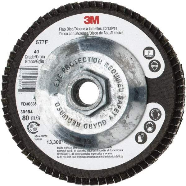 3M - 40 Grit, 4-1/2" Disc Diam, 5/8-11 Center Hole, Type 29 Zirconia Alumina Flap Disc - 13,300 Max RPM, Cloth Backing, Arbor Attaching System, Coated - Eagle Tool & Supply
