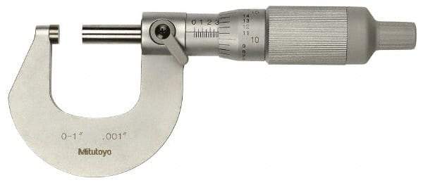 Mitutoyo - 0 to 25mm Range, 0.001mm Graduation, Mechanical Outside Micrometer - Ratchet Stop Thimble, Accurate to 0.0001" - Eagle Tool & Supply