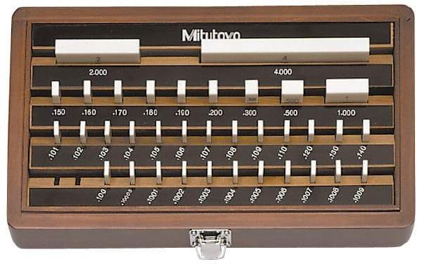 Mitutoyo - 36 Piece, 0.05 to 4", Grade 0, Ceramic Gage Block Set - Square, 12µ (4"), 5µ (0.05-0.4"), 6µ (0.45-1"), 8µ (2") Tolerance - Eagle Tool & Supply