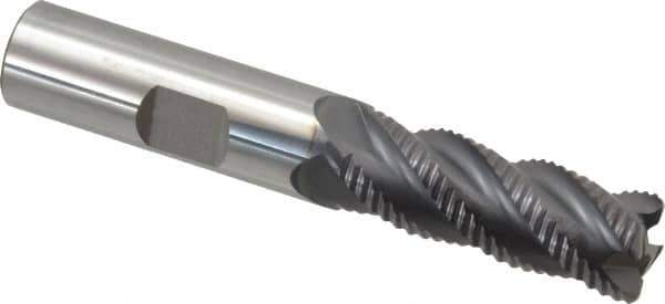 ProMax - 1/2" Diam, Fine Pitch, 1-1/4" LOC, 4 Flute Solid Carbide 0.055-0.065" Corner Radius Roughing End Mill - AlTiN Finish, 3" OAL, 1/2" Shank Diam, Single End, Centercutting, 40° Helix - Eagle Tool & Supply