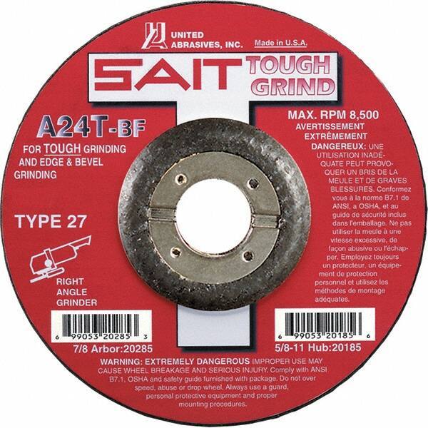 Sait - 24 Grit, 5" Wheel Diam, 1/4" Wheel Thickness, 7/8" Arbor Hole, Type 27 Depressed Center Wheel - Aluminum Oxide, Resinoid Bond, T Hardness, 12,200 Max RPM, Compatible with Angle Grinder - Eagle Tool & Supply