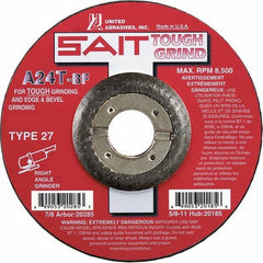 Sait - 24 Grit, 5" Wheel Diam, 1/4" Wheel Thickness, 7/8" Arbor Hole, Type 27 Depressed Center Wheel - Aluminum Oxide, Resinoid Bond, T Hardness, 12,200 Max RPM, Compatible with Angle Grinder - Eagle Tool & Supply