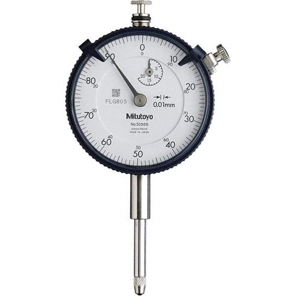 Mitutoyo - 20mm Range, 0-100 Dial Reading, 0.01mm Graduation Dial Drop Indicator - 57mm Dial, 1mm Range per Revolution, 0.2mm Accuracy, Revolution Counter - Eagle Tool & Supply