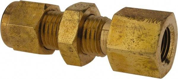 Parker - 1/4" OD, Brass Bulkhead Female Connector - 3,500 Max Working psi, 5/8" Hex, Comp x FNPT Ends - Eagle Tool & Supply