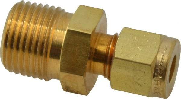 Parker - 1/4" OD, Brass Male Connector - 3,500 Max Working psi, 11/16" Hex, Comp x MNPT Ends - Eagle Tool & Supply